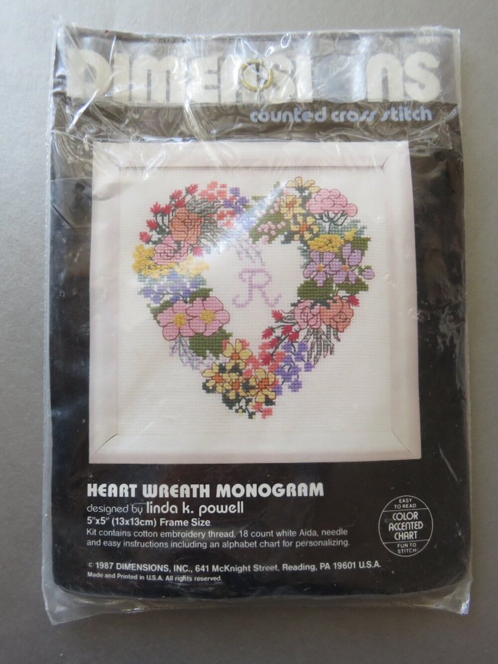Heart Wreath Monogram Vintage Dimensions Counted Cross Stitch Kit #6515, 1987